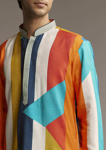 Poppy Multicolour Silk Kurta Set For Men With Print