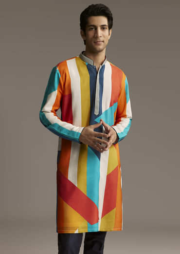 Poppy Multicolour Silk Kurta Set For Men With Print