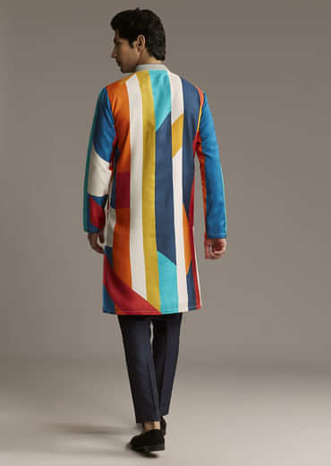 Poppy Multicolour Silk Kurta Set For Men With Print