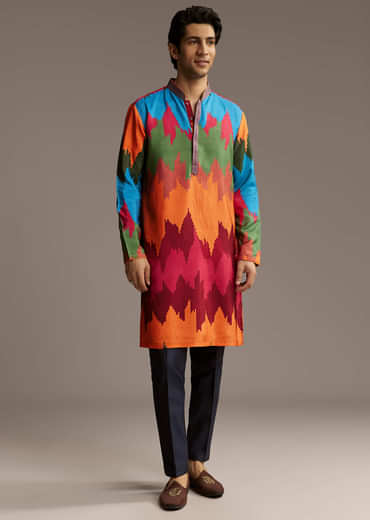 Poppy Multicolour Silk Kurta Set For Men With Vibrant Zigzag Print