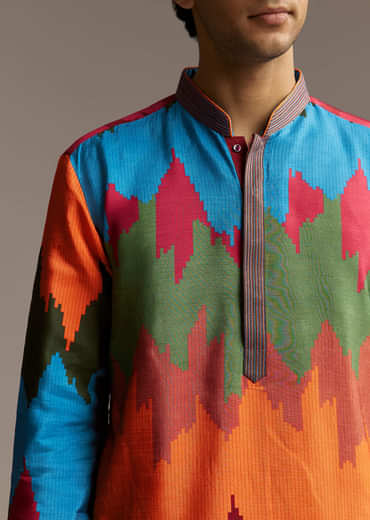 Poppy Multicolour Silk Kurta Set For Men With Vibrant Zigzag Print
