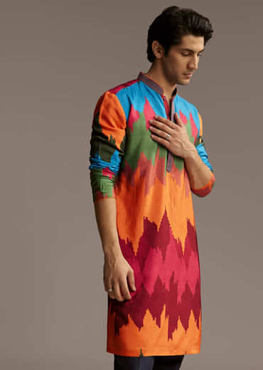 Poppy Multicolour Silk Kurta Set For Men With Vibrant Zigzag Print