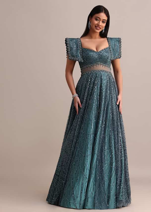 Poseidon Teal Circular Flared Gown With Fancy Sleeves