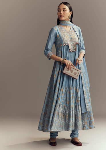 Powder Blue Chanderi Printed Anarkali Suit With Resham Work