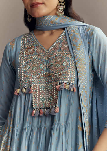 Powder Blue Chanderi Printed Anarkali Suit With Resham Work