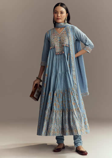 Powder Blue Chanderi Printed Anarkali Suit With Resham Work