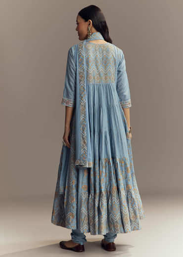 Powder Blue Chanderi Printed Anarkali Suit With Resham Work