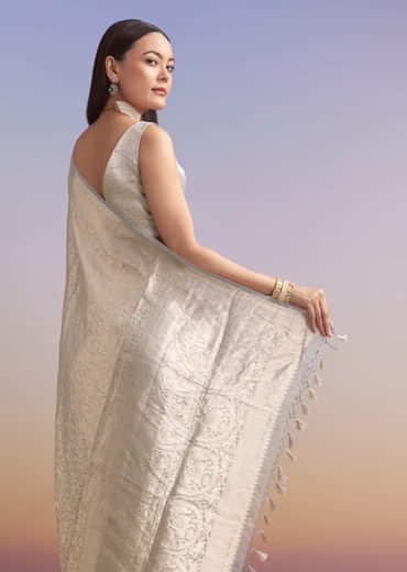 Powder Blue Chanderi Silk Woven Saree With Zari Embroidery