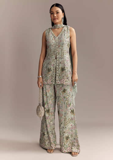 Powder Blue Georgette Palazzo Suit With Sequins And Resham Work