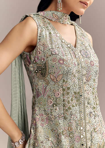 Powder Blue Georgette Palazzo Suit With Sequins And Resham Work