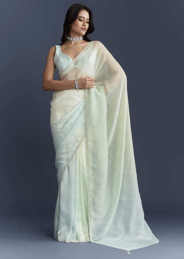 Powder Blue Organza Saree With Heavy Hand Embroidery