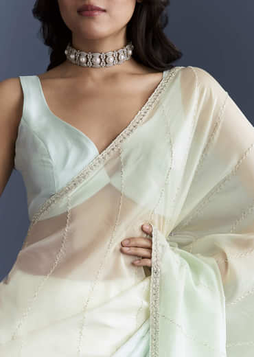 Powder Blue Organza Saree With Heavy Hand Embroidery