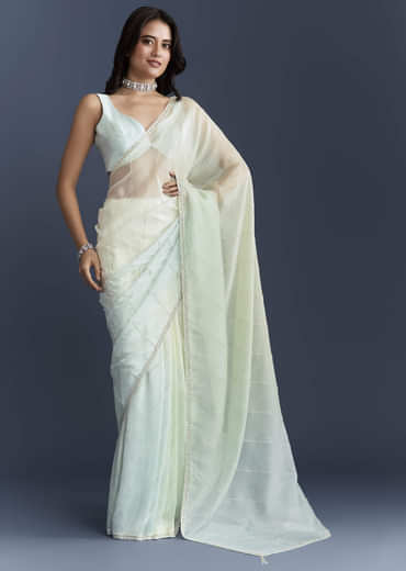 Powder Blue Organza Saree With Heavy Hand Embroidery