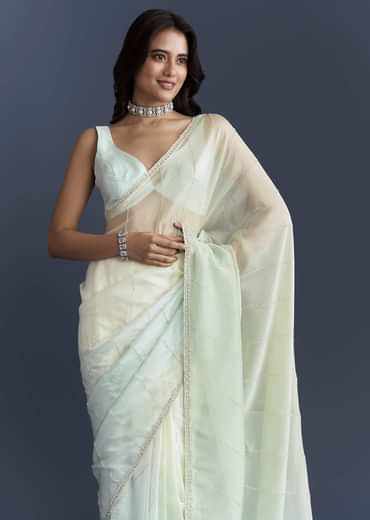 Powder Blue Organza Saree With Heavy Hand Embroidery