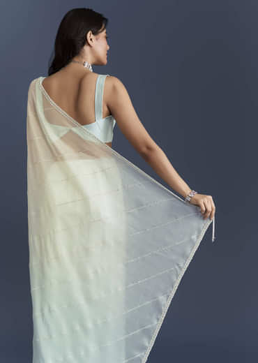 Powder Blue Organza Saree With Heavy Hand Embroidery