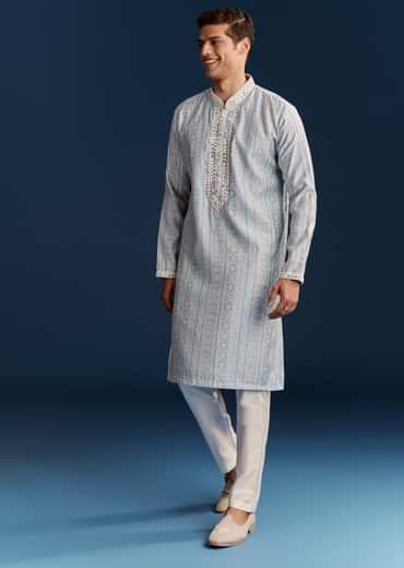 Powder Blue Silk Kurta With Mirror Work