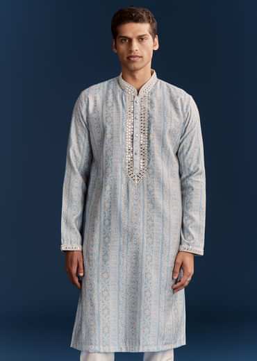 Powder Blue Silk Kurta With Mirror Work