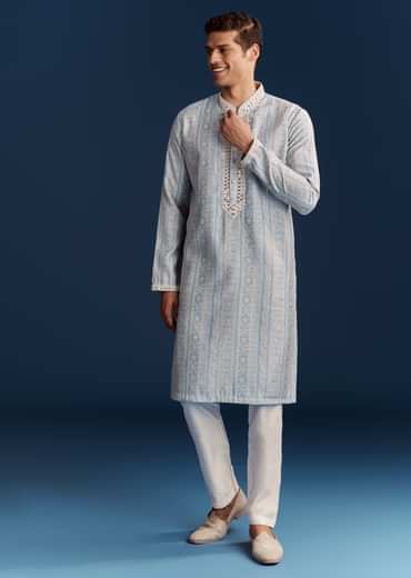 Powder Blue Silk Kurta With Mirror Work