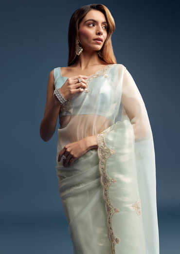 Powder Blue Tissue Saree With Cutdana Embroidery