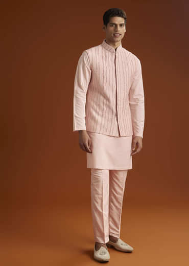 Powder Pink Kurta Jacket Set For Men With Cutdana Embroidery