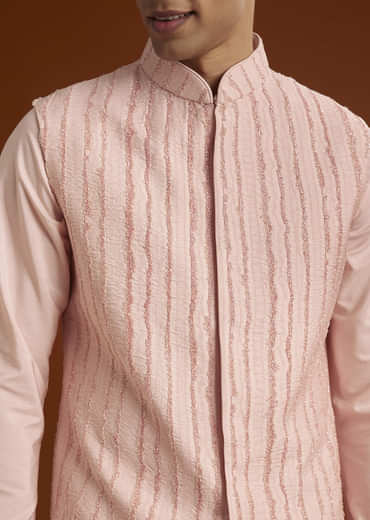 Powder Pink Kurta Jacket Set For Men With Cutdana Embroidery