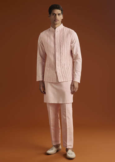 Powder Pink Kurta Jacket Set For Men With Cutdana Embroidery