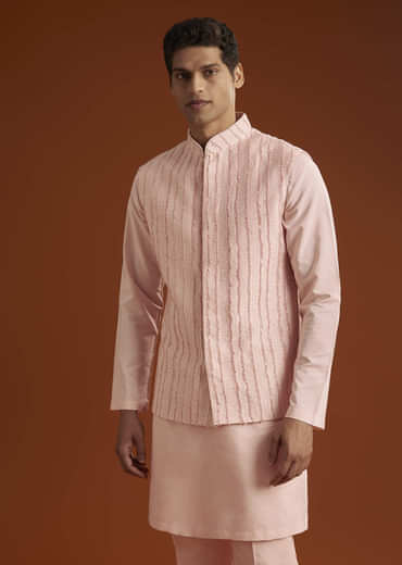 Powder Pink Kurta Jacket Set For Men With Cutdana Embroidery