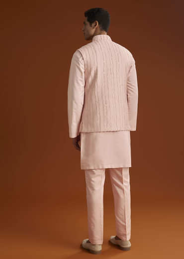 Powder Pink Kurta Jacket Set For Men With Cutdana Embroidery