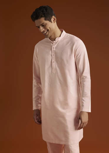 Powder Pink Kurta Jacket Set For Men With Cutdana Embroidery