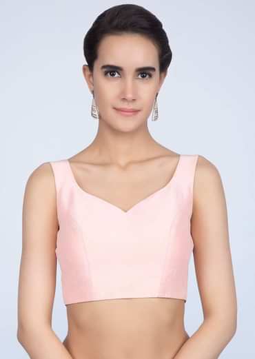 Powder Pink Blouse In Raw Silk With Sweet Heart Neck