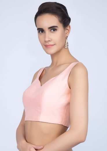 Powder Pink Blouse In Raw Silk With Sweet Heart Neck