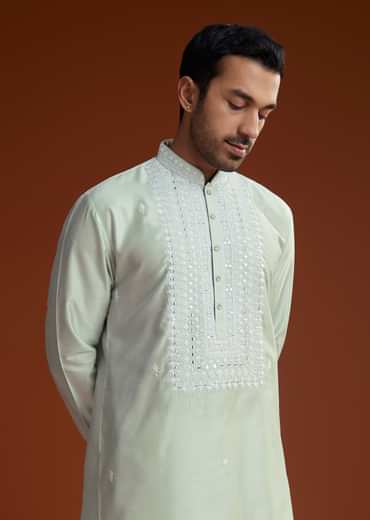 Powder Pista Green Silk Kurta Set With Resham Embroidery