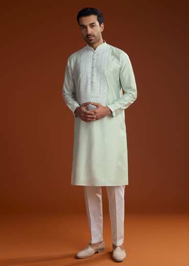 Powder Pista Green Silk Kurta Set With Resham Embroidery