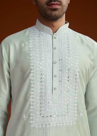 Powder Pista Green Silk Kurta Set With Resham Embroidery