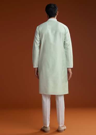 Powder Pista Green Silk Kurta Set With Resham Embroidery