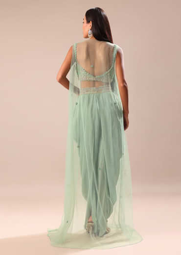 Powder Blue Dhoti And Jacket With Embroidered Blouse