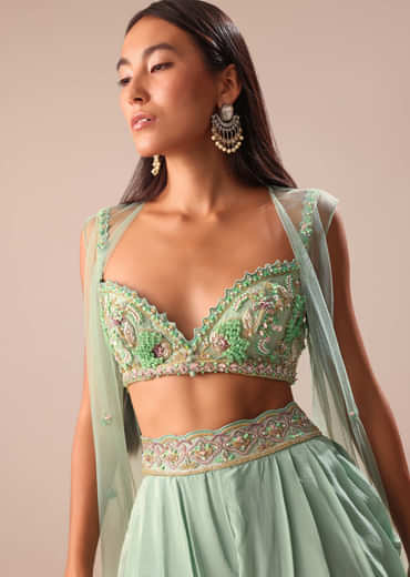 Powder Blue Dhoti And Jacket With Embroidered Blouse