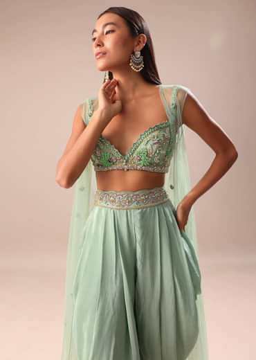 Powder Blue Dhoti And Jacket With Embroidered Blouse