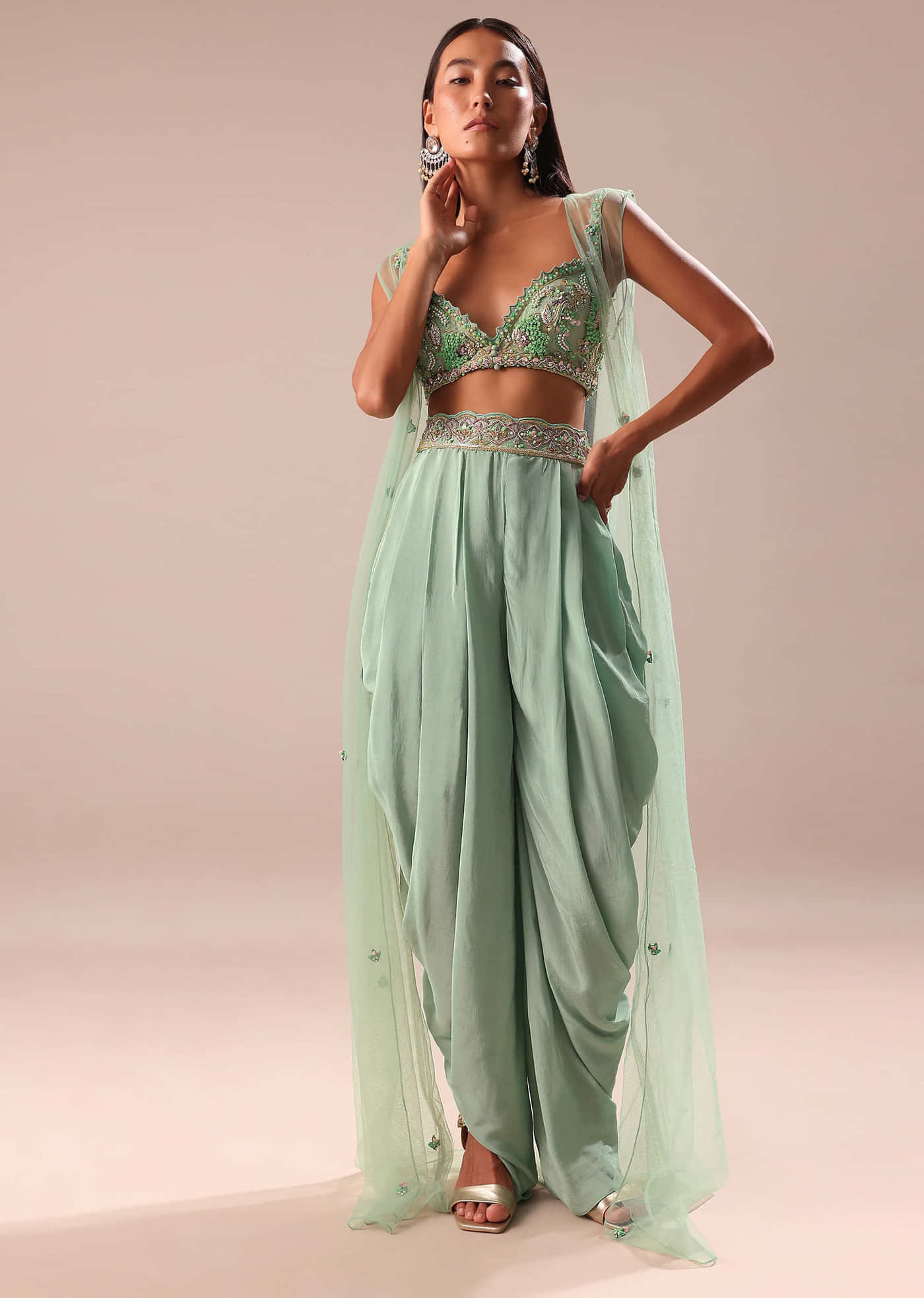 Powder Blue Dhoti And Jacket With Embroidered Blouse