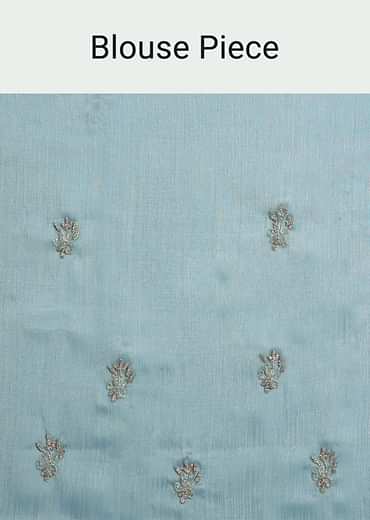 Powder Blue Embroidered Chinnon Saree With Unstitched Blouse