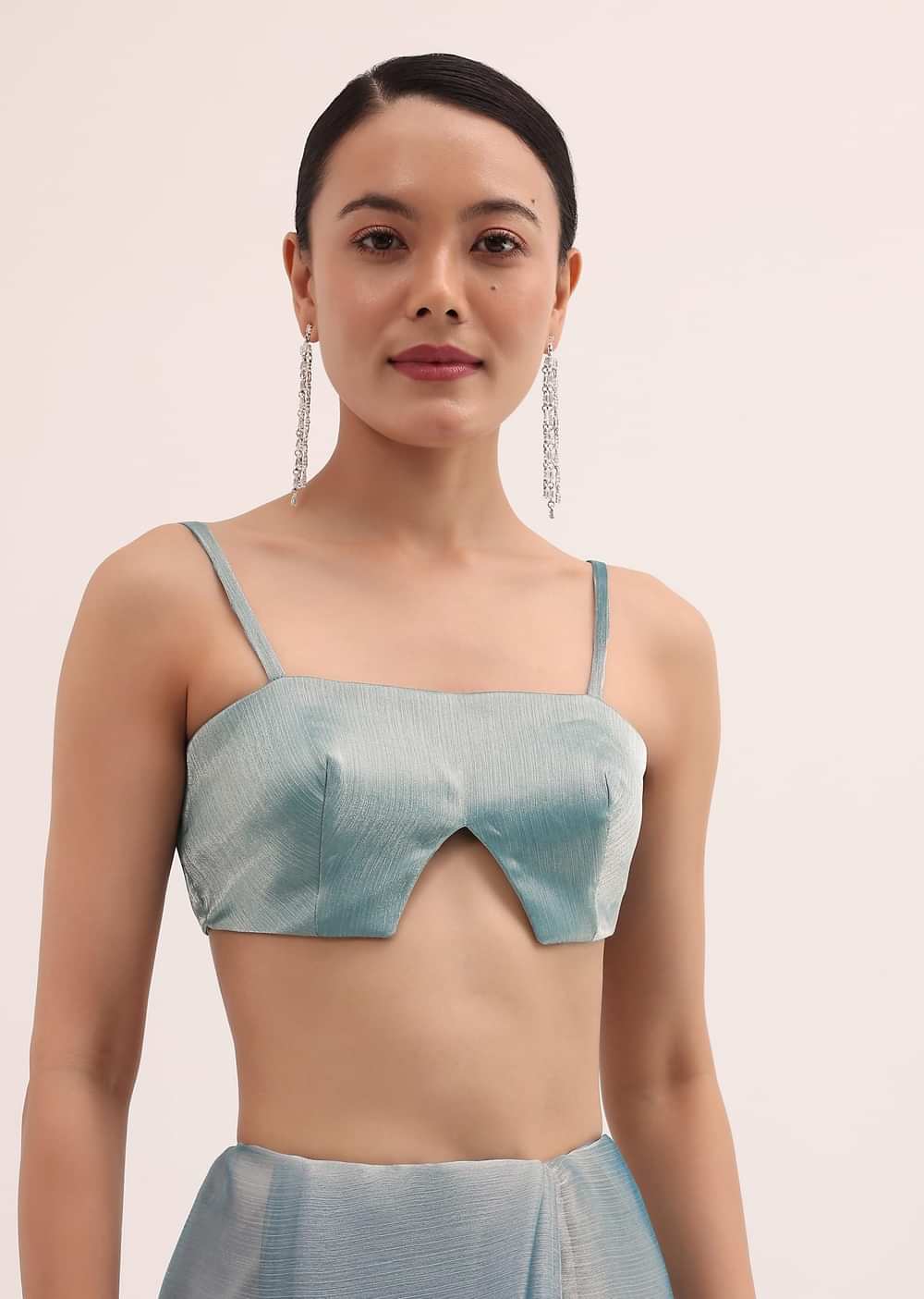 Powder Blue Embroidered Chinnon Saree With Unstitched Blouse