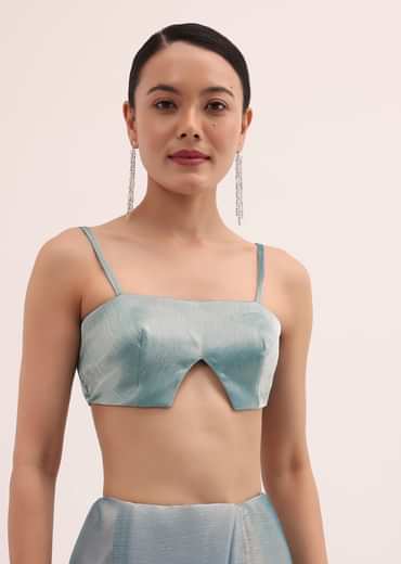 Powder Blue Embroidered Chinnon Saree With Unstitched Blouse