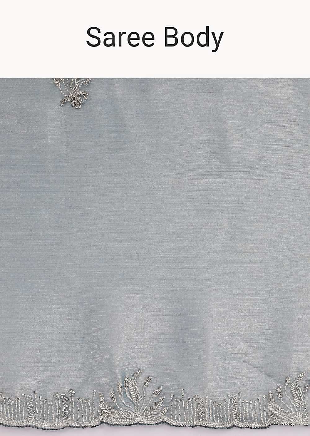 Powder Blue Embroidered Chinnon Saree With Unstitched Blouse