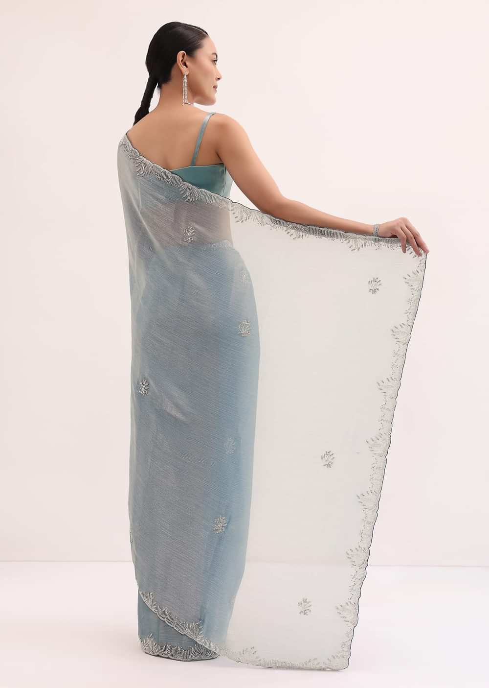 Powder Blue Embroidered Chinnon Saree With Unstitched Blouse