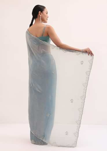 Powder Blue Embroidered Chinnon Saree With Unstitched Blouse