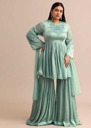 Powder Blue Embroidered Kurta Sharara With Dupatta