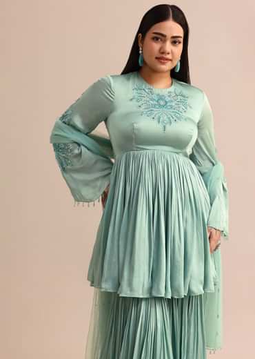 Powder Blue Embroidered Kurta Sharara With Dupatta