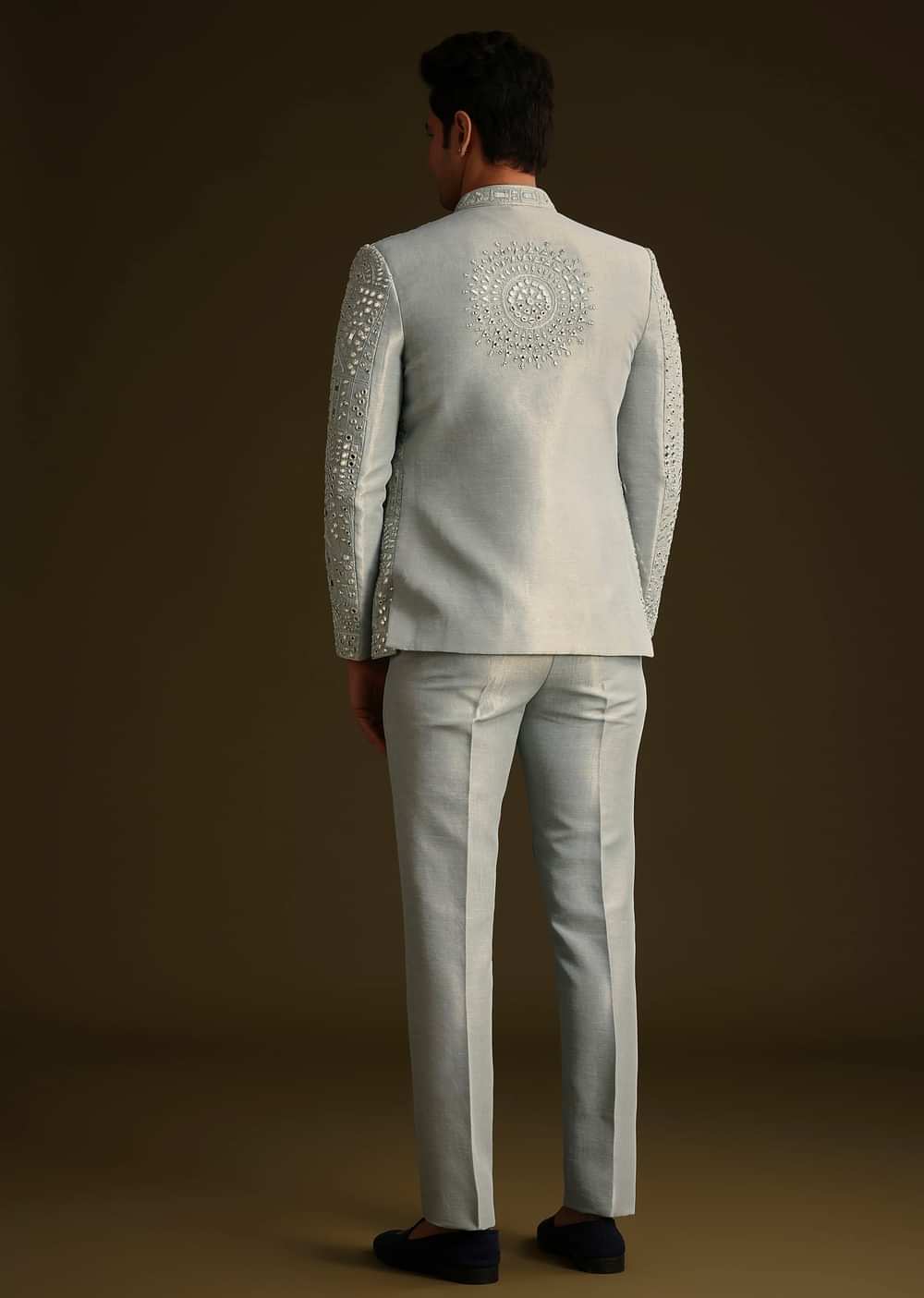 Powder Blue Silk Mirror Work Indo Jacket Set