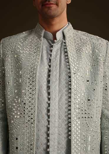 Powder Blue Silk Mirror Work Indo Jacket Set