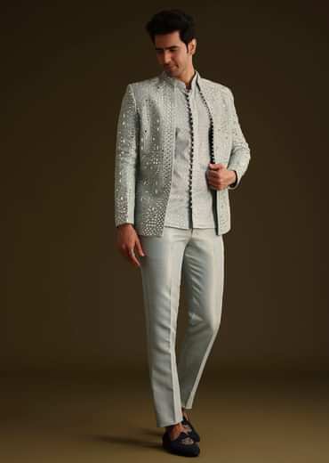 Powder Blue Silk Mirror Work Indo Jacket Set